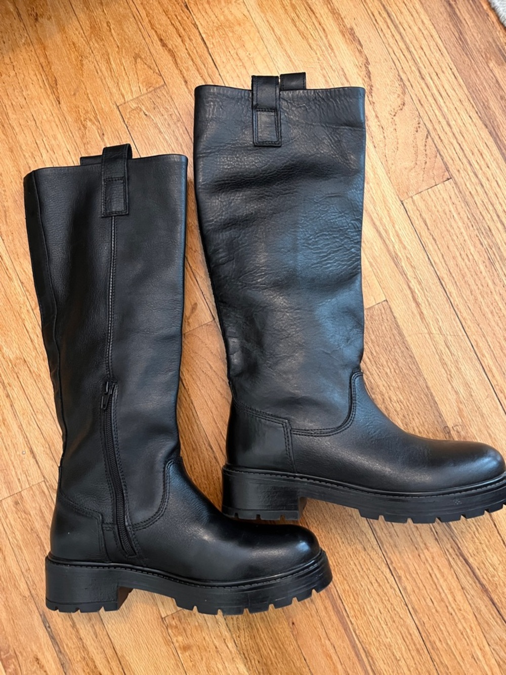 Black Leather Knee-High Lug Sole Boots